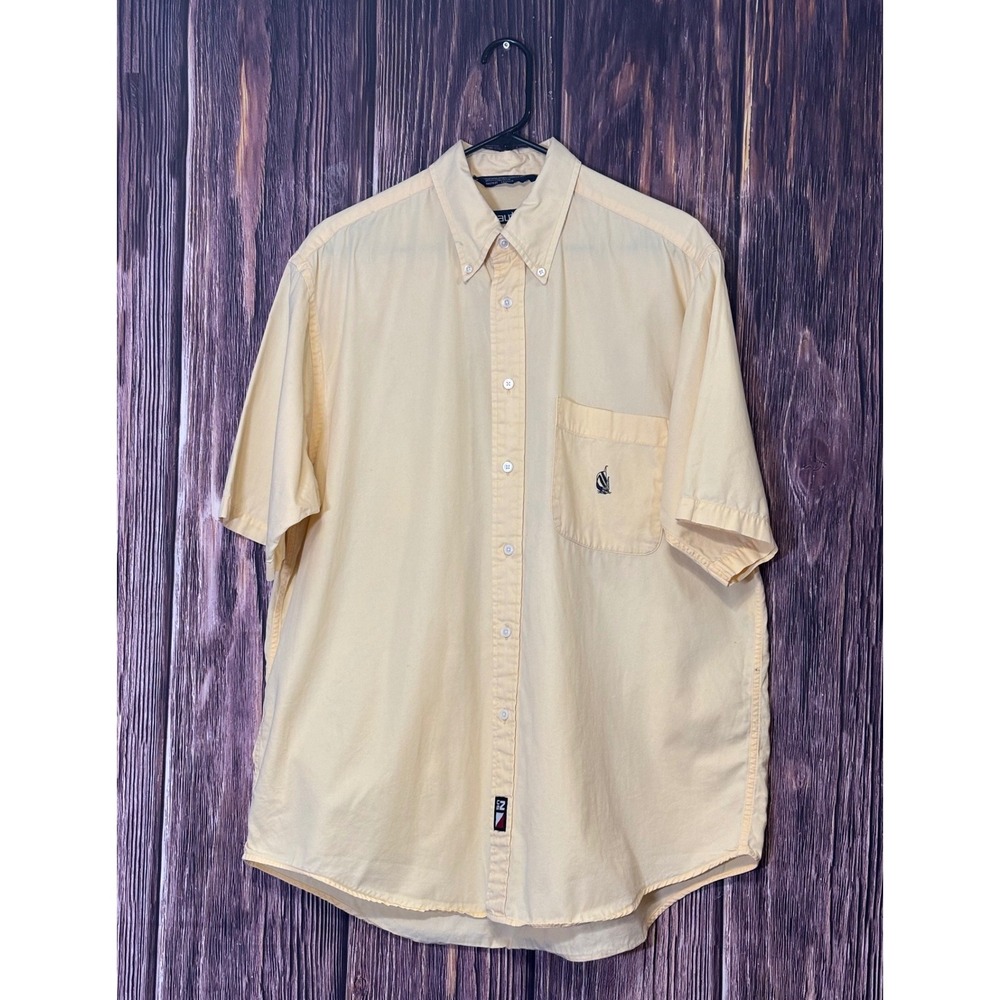 Nautica Button Down Shirt Mens Lsrge Yellow Sailboat Logo Short Sleeve Casual